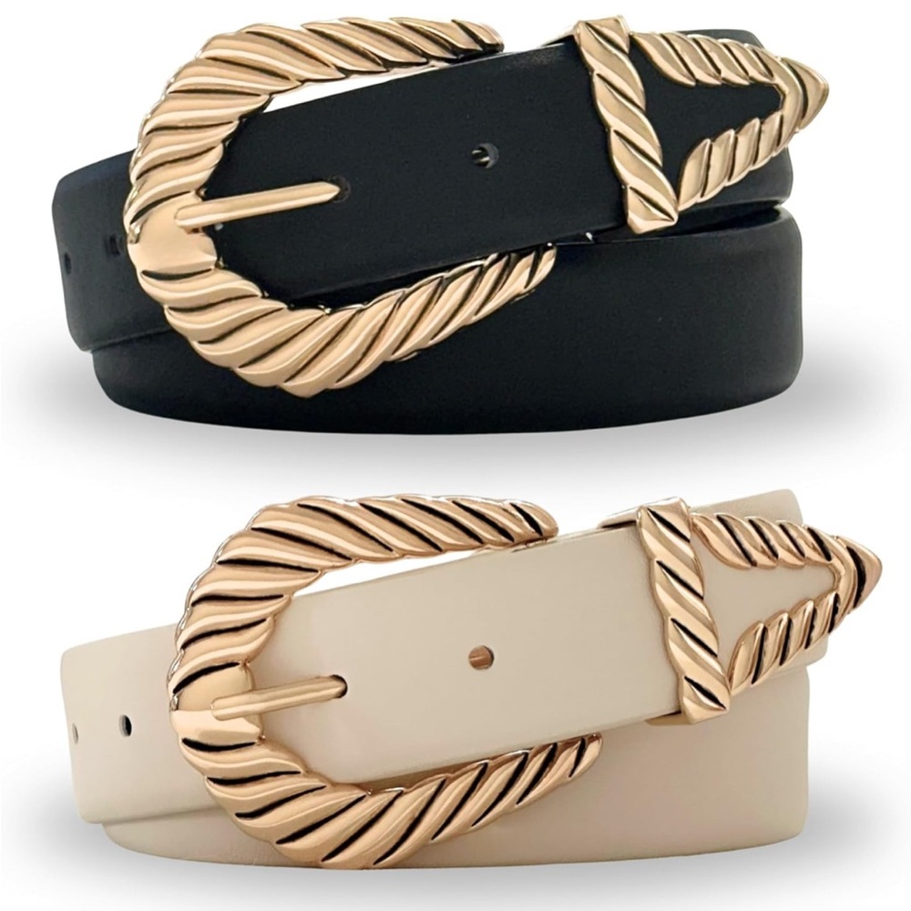 NEW Stylish Black and Cream Belt Duo with Gold Accents